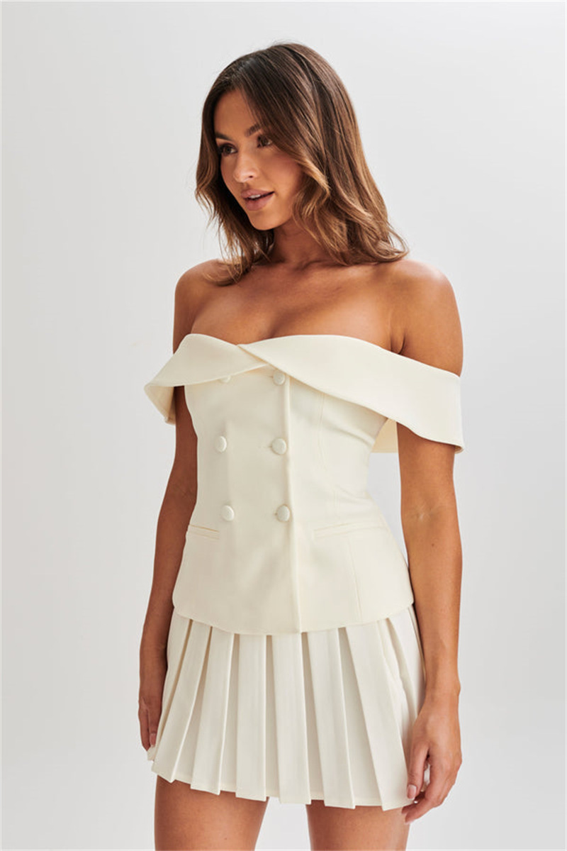 Off Shoulder Double Breasted Top Pleated Mini Skirt Matching Set-Burgundy-Hayhty.All Rights Reserved.