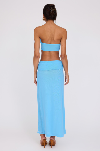 Ruched Metal Decor Cutout High Slit Strapless Maxi Dresses-Blue-Hayhty.All Rights Reserved.