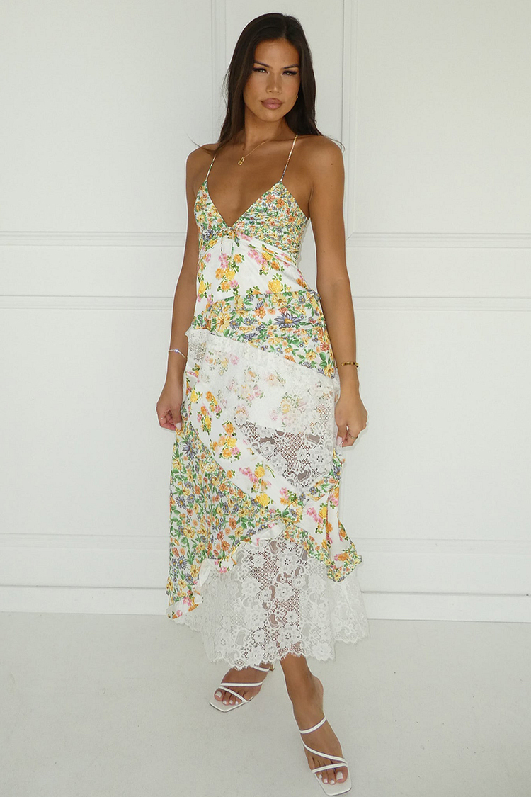 Ditsy Floral Print Deep V Neck Lace Patchwork Backless Slip Maxi Dresses-Green-Hayhty.All Rights Reserved.