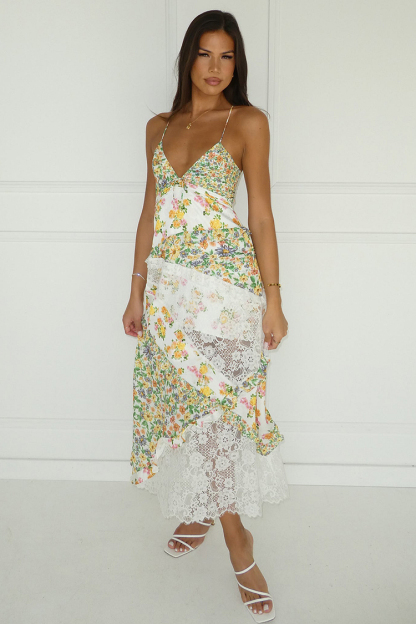 Ditsy Floral Print Deep V Neck Lace Patchwork Backless Slip Maxi Dresses-Green-Hayhty.All Rights Reserved.
