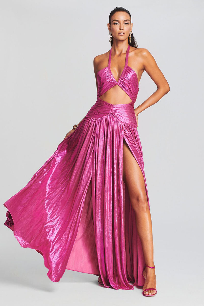 Shiny V Neck Halter Cutout Backless Slit Party Maxi Dresses-Hayhty.All Rights Reserved.
