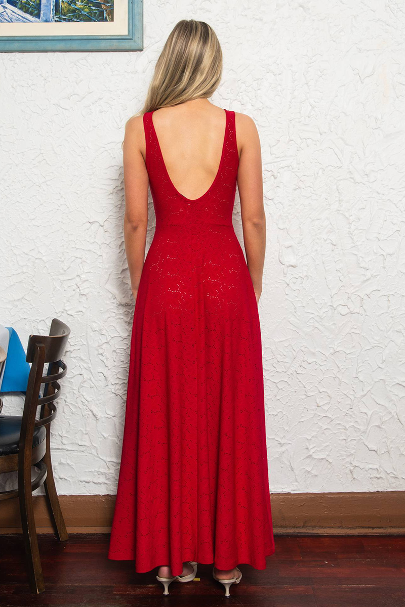 Cinch Waist Backless Ruffled High Slit Knit Maxi Tank Dresses-Red-Hayhty.All Rights Reserved.
