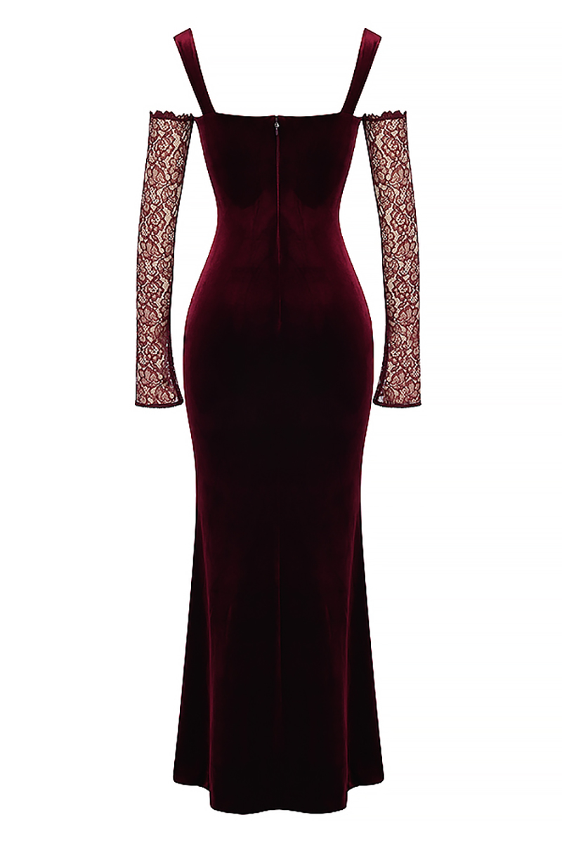 Cold Shoulder Lace Sleeve Bodycon Velvet Formal Party Maxi Dresses-Hayhty.All Rights Reserved.