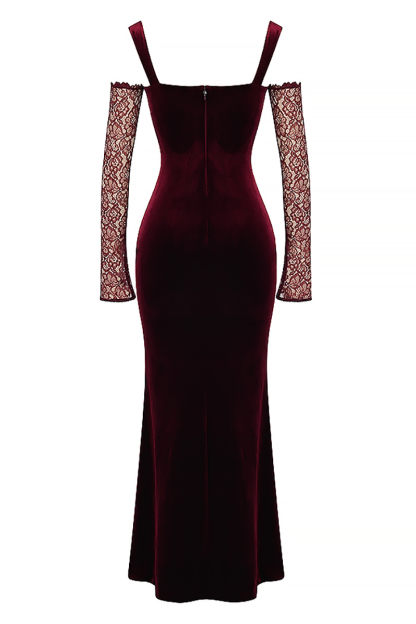 Cold Shoulder Lace Sleeve Bodycon Velvet Formal Party Maxi Dresses-Hayhty.All Rights Reserved.