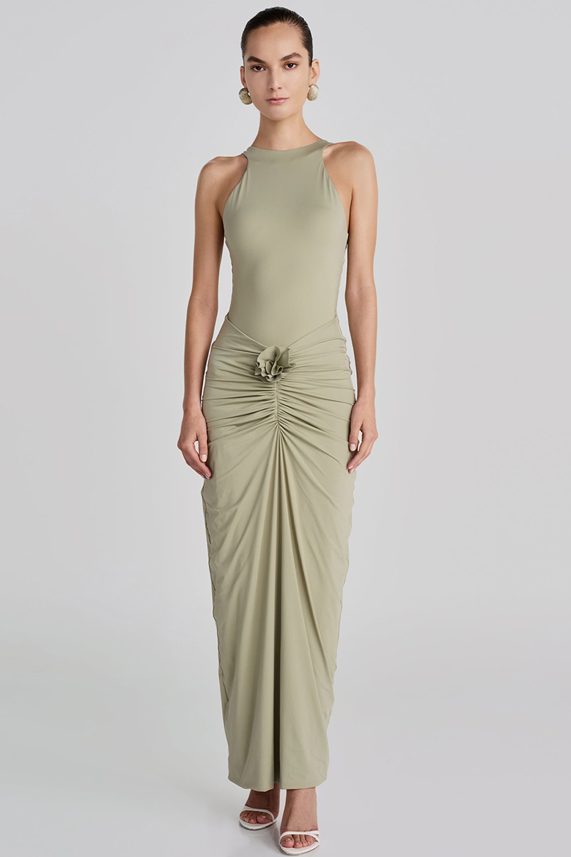 3D Flower Decor Slim Fit Ruched Sleeveless Maxi Dresses-Green-Hayhty.All Rights Reserved.