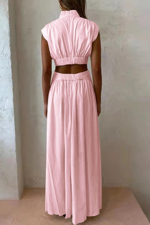 Stand Collar Sleeveless Open Waist Dress Maxi Dresses-Hayhty.All Rights Reserved.
