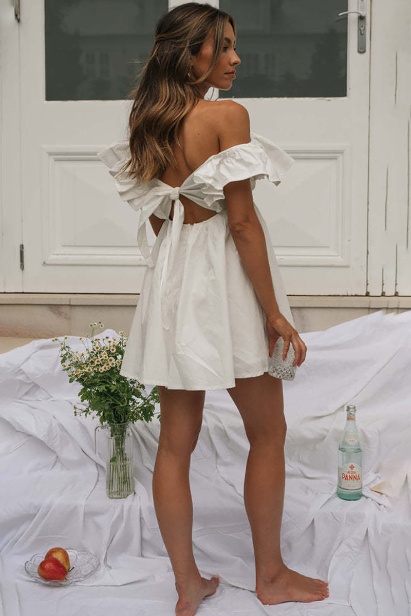 Deep V Neck Ruffle Short Sleeve Bow Cut Out A-Line Mini Dress-Hayhty.All Rights Reserved.