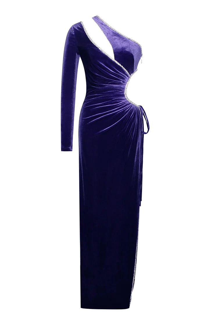One Shoulder Rhinestone Tied Up Maxi Velvet Prom Dresses-Hayhty.All Rights Reserved.