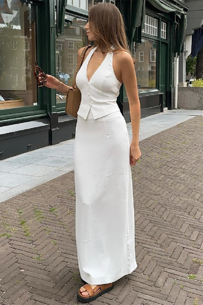 Deep V Neck Halter Button Vest Solid Color Maxi Skirt Matching Set-White-Hayhty.All Rights Reserved.