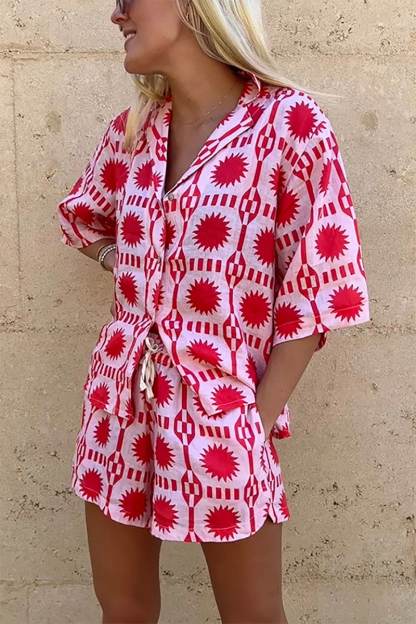 Graphic Print Half Sleeve Blouse Vacation Shorts Matching Set-Pink-Hayhty.All Rights Reserved.