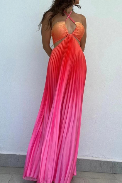 Gradient Color Cross Halter Cutout Backless Pleated Maxi Dresses-Blue-Hayhty.All Rights Reserved.
