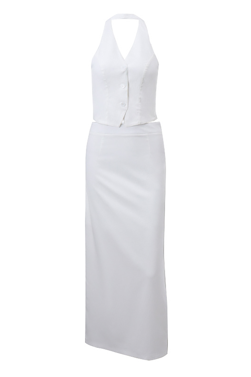 Deep V Neck Halter Button Vest Solid Color Maxi Skirt Matching Set-White-Hayhty.All Rights Reserved.