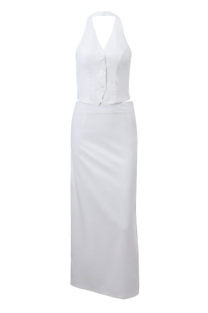 Deep V Neck Halter Button Vest Solid Color Maxi Skirt Matching Set-White-Hayhty.All Rights Reserved.