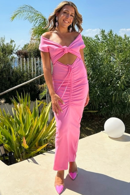 Deep V Neck Twisted Knot Cutout Ruched Maxi Dresses-Pink-Hayhty.All Rights Reserved.