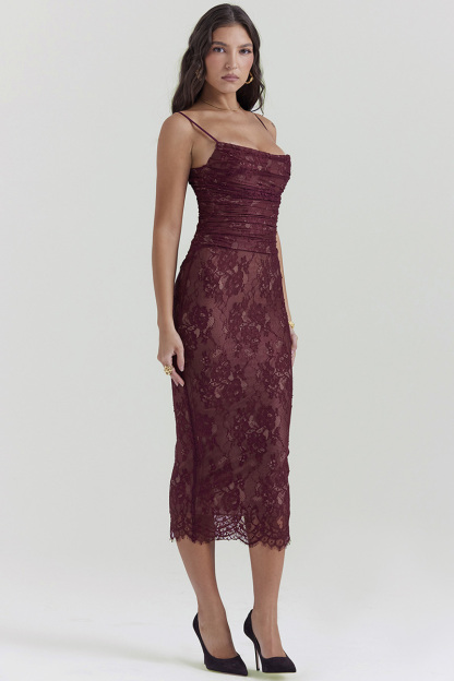 Floral Lace Shrug Ruched Slip Midi Dresses Matching Set-Burgundy-Hayhty.All Rights Reserved.