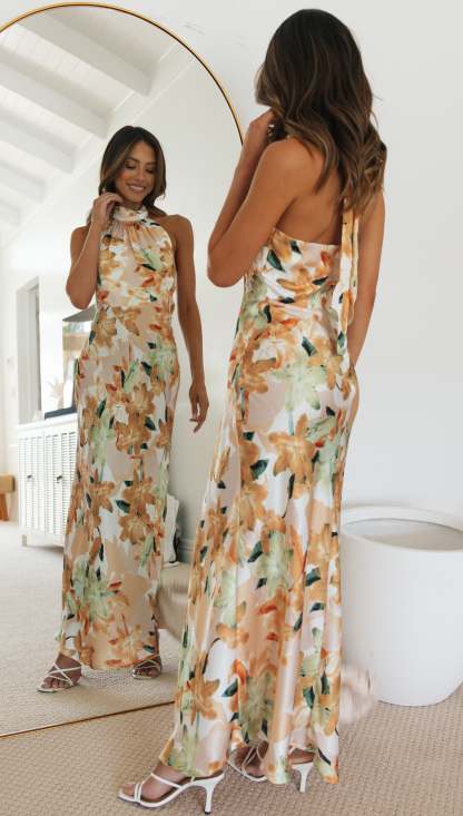 Floral Print Halter Backless Flowy Vacation Maxi Dresses-Hayhty.All Rights Reserved.