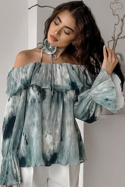 Ink Painting Print Off Shoulder Ruffled Overlay Flare Sleeve Top-Green-Hayhty.All Rights Reserved.