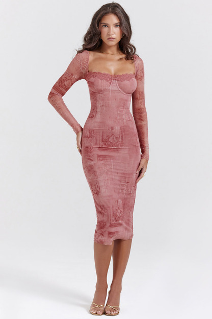 Mesh Pattern Print Square Neck Corset Long Sleeve Slim Fit Midi Dresses - Red-Hayhty.All Rights Reserved.