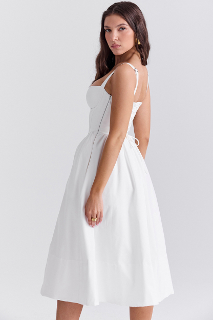 Spaghetti Strap Corset Lace Up Pocket Slit Midi Dresses-White-Hayhty.All Rights Reserved.