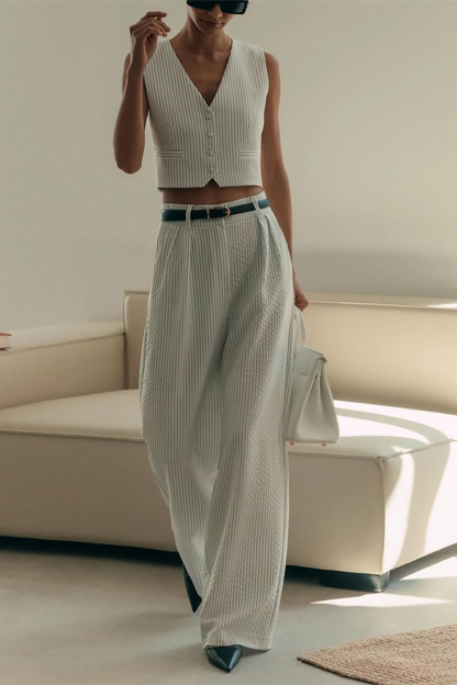 Striped Print V Neck Crop Waistcoat Wide Leg Pants Matching Set-White-Hayhty.All Rights Reserved.