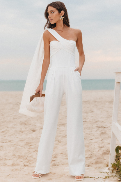 One Shoulder Streamer Ruched Straight Leg Plain Jumpsuit-White-Hayhty.All Rights Reserved.