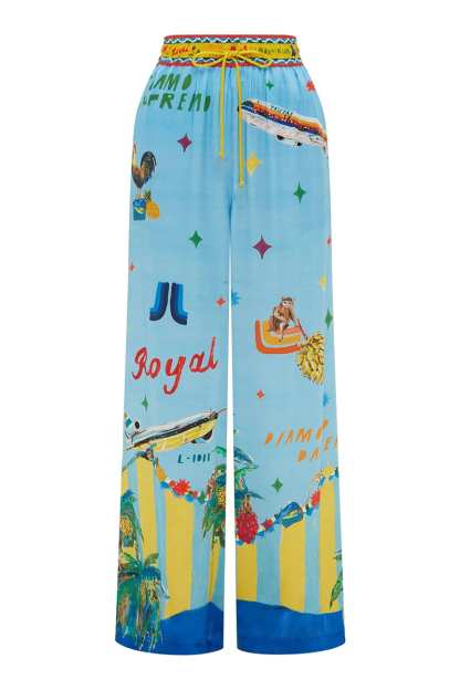 Vacation Mixed Print Turndown Collar Blouse Wide Leg Pants Matching Set-Blue-Hayhty.All Rights Reserved.