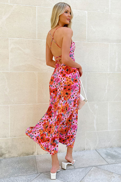 Cross Cami Boat Neck Backless Tied Up Floral Print Vacation Slim Maxi Dresses-Hayhty.All Rights Reserved.