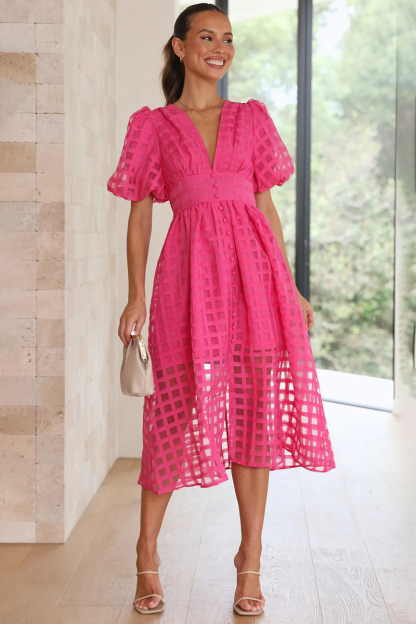 V Neck Lantern Short Sleeve Button Slit Mesh Plaid Vacation Midi Dress-Hayhty.All Rights Reserved.