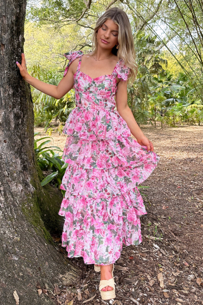 Floral Print Tie Up Cami Tiered Ruffled Hem Midi Dresses-Pink-Hayhty.All Rights Reserved.