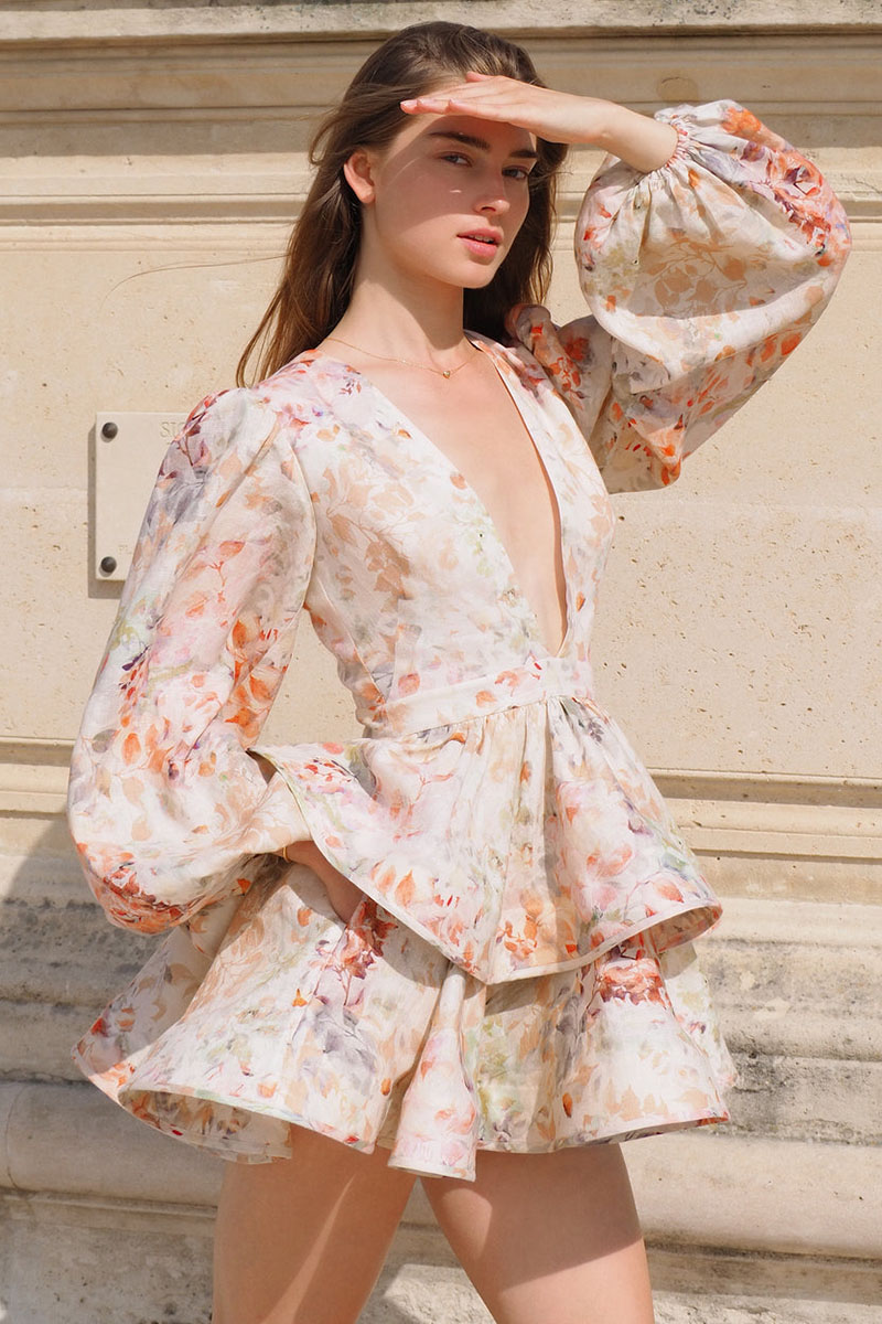 Floral Print V Neck Balloon Sleeve Party Ruffle Mini Dresses-Hayhty.All Rights Reserved.