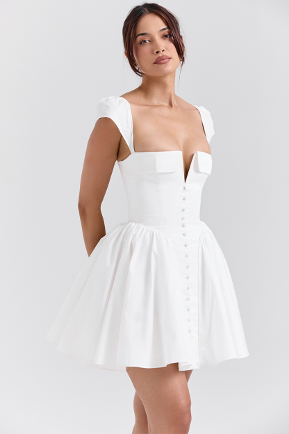 Irregular V Neck Short Sleeve Corset Pleated Mini Dresses-White-Hayhty.All Rights Reserved.
