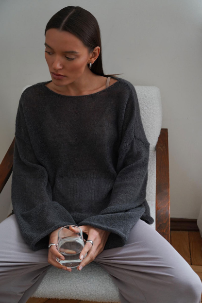 See Through Knit Flare Sleeve Loose Fit Solid Color Top-White-Hayhty.All Rights Reserved.