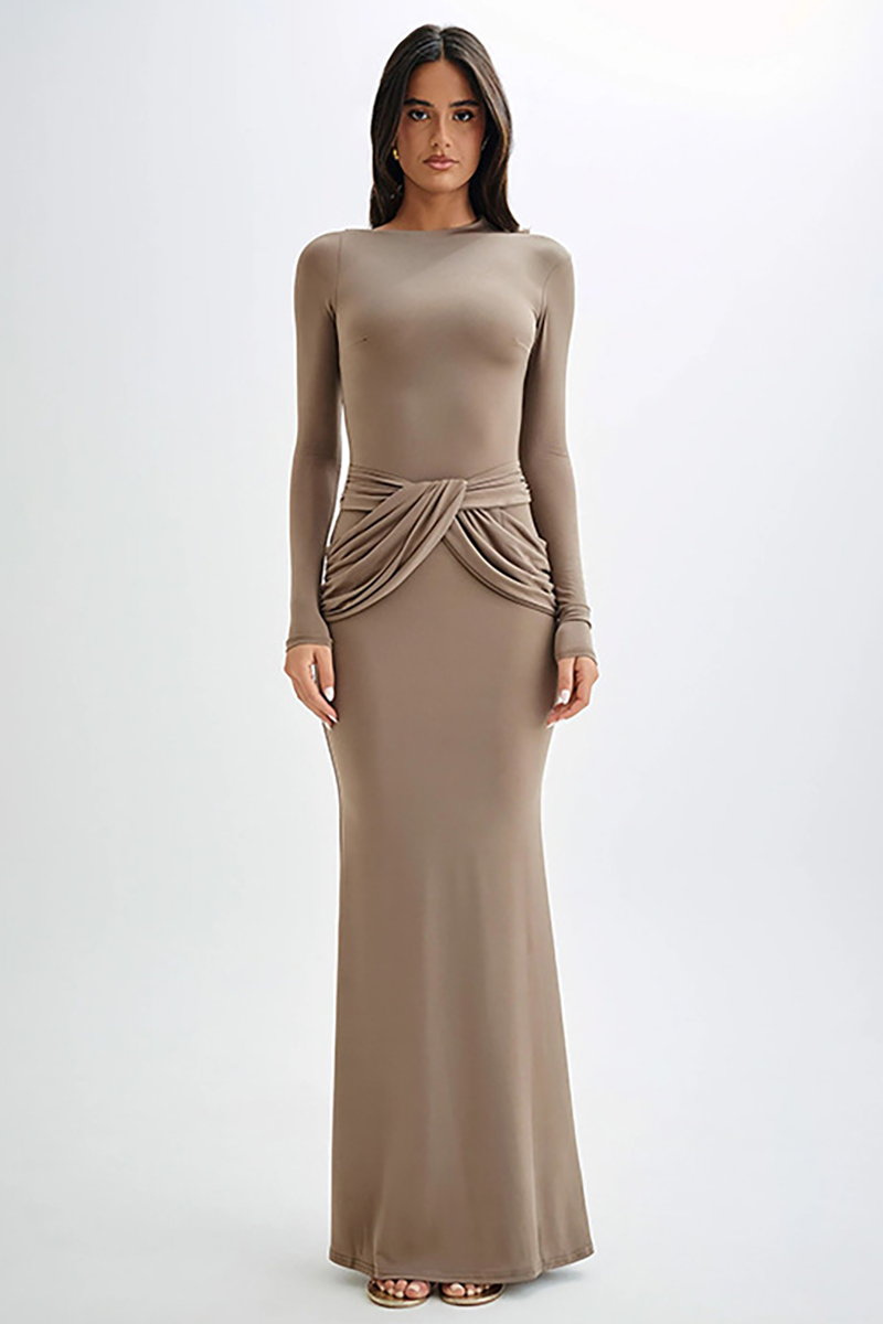 Round Neck Long Sleeve Ruched Bodycon Fishtail Maxi Dresses-Black-Hayhty.All Rights Reserved.