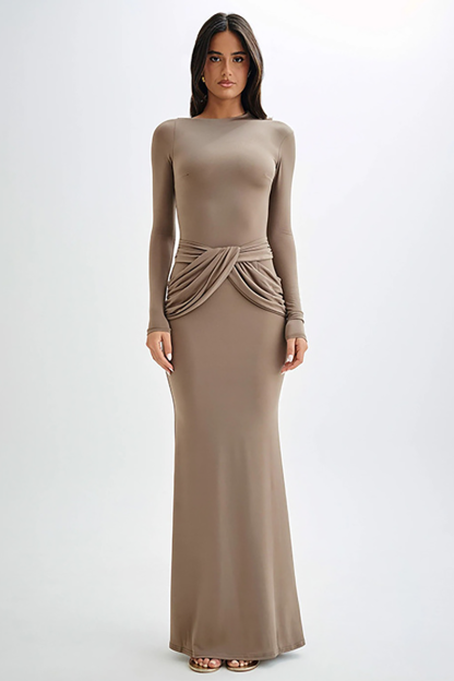 Round Neck Long Sleeve Ruched Bodycon Fishtail Maxi Dresses-Black-Hayhty.All Rights Reserved.