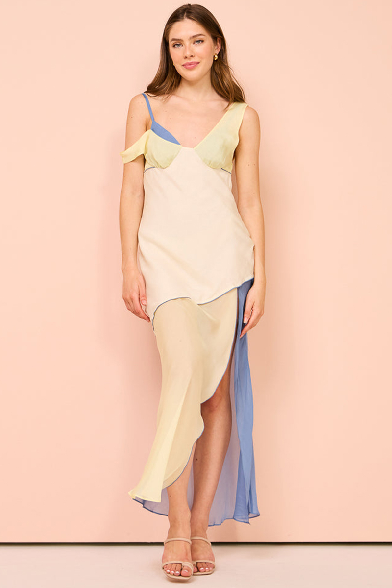 Colorblock Patchwork Slit Hem Sleeveless Maxi Dresses-Yellow-Hayhty.All Rights Reserved.