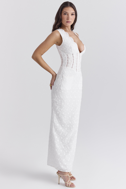 Deep V Neck Cinch Waist Floral Embroidery Maxi Tank Dresses-White-Hayhty.All Rights Reserved.