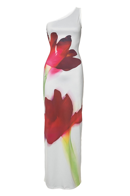 Sleeveless Floral Print Slim Fit One Shoulder Maxi Dresses-White-Hayhty.All Rights Reserved.