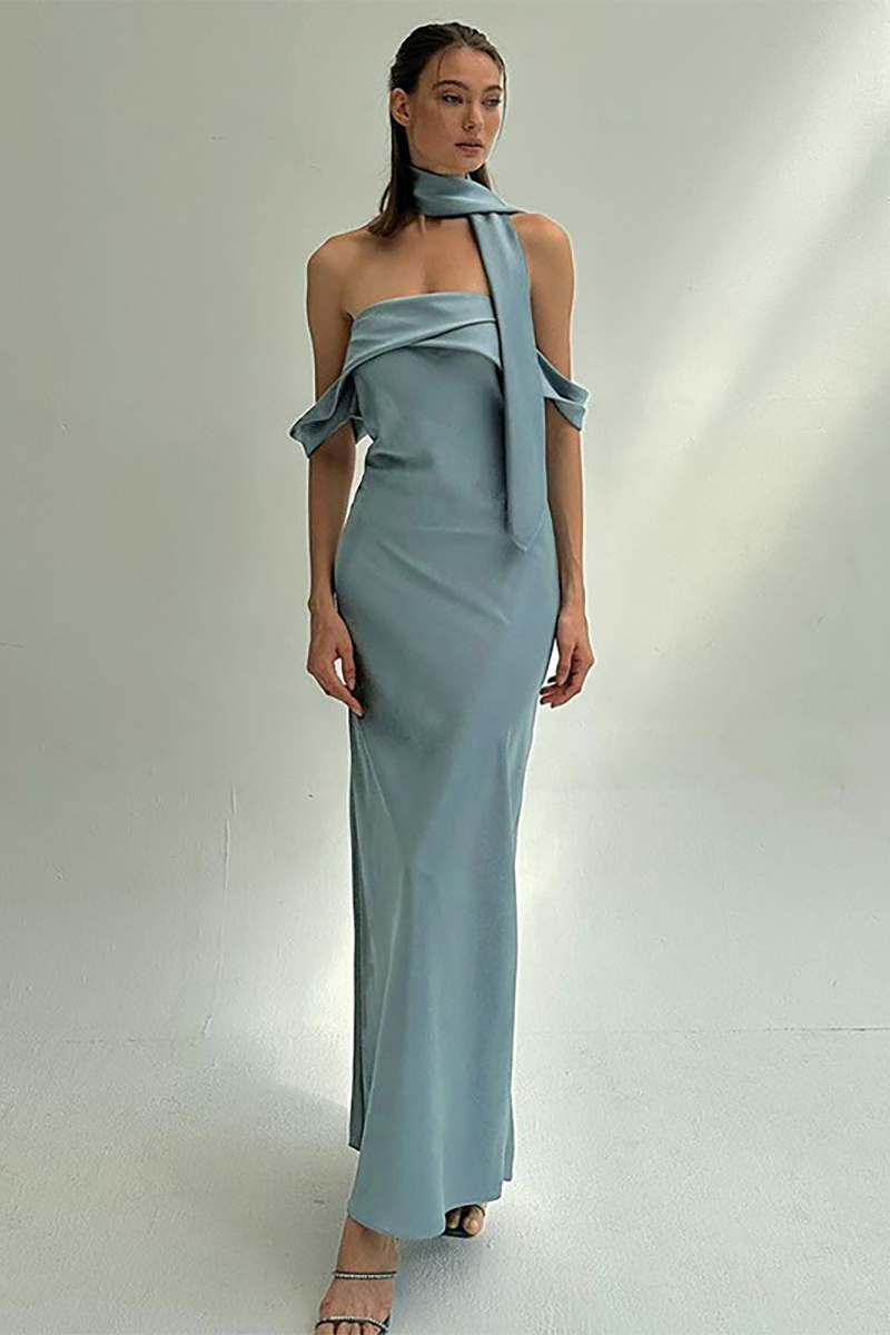 Dropped Shoulder Slim Fit Neck Wrap Plain Maxi Dresses-Champagne-Hayhty.All Rights Reserved.