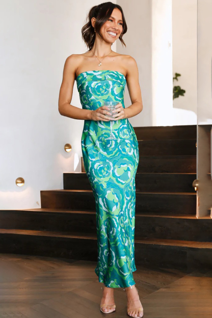 Floral Print Strapless Cut Out Flowy Satin Vacation Maxi Dresses-Hayhty.All Rights Reserved.