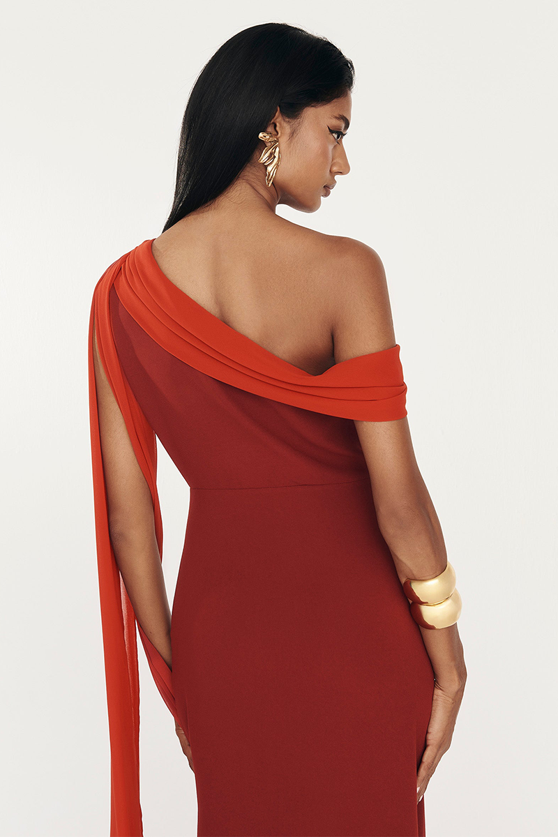 Skew Neck Side Streamer Slim Fit Two-Tone Midi Dresses-Red-Hayhty.All Rights Reserved.