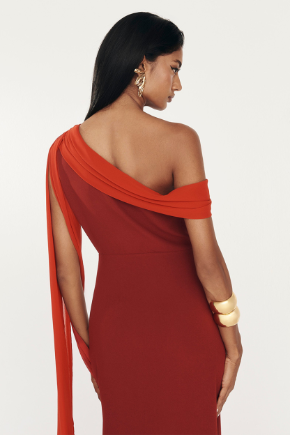 Skew Neck Side Streamer Slim Fit Two-Tone Midi Dresses-Red-Hayhty.All Rights Reserved.