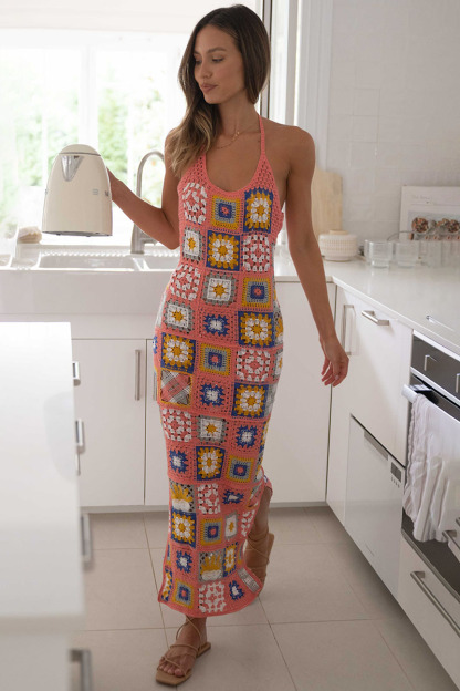 Multicolor Pattern Crochet Halter Slit Vacation Maxi Dresses-Hayhty.All Rights Reserved.
