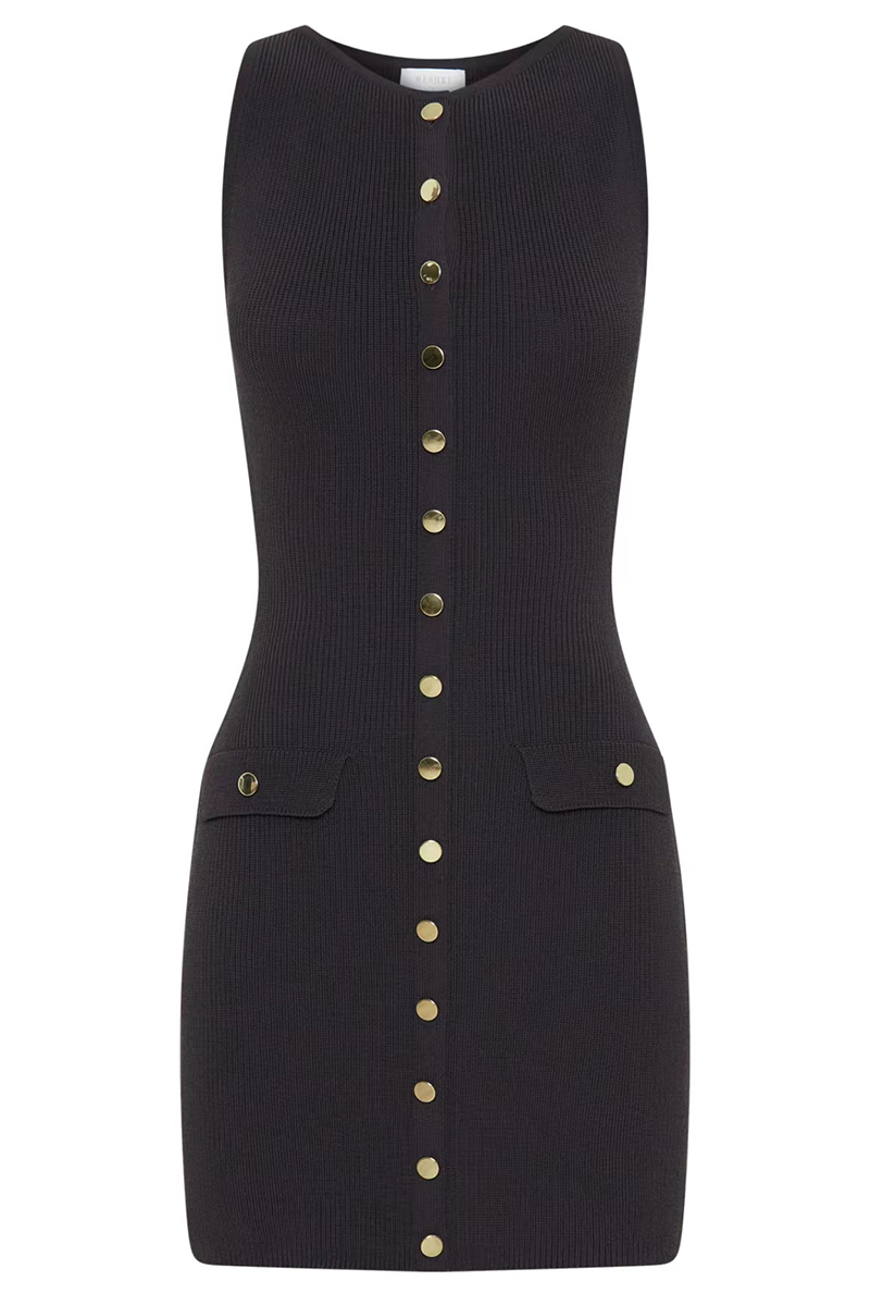 Round Neck Button Up Bodycon Knit Mini Tank Dresses-Navy-Hayhty.All Rights Reserved.