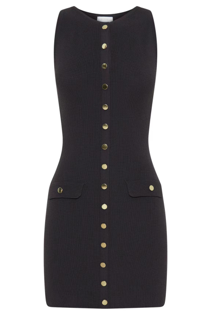 Round Neck Button Up Bodycon Knit Mini Tank Dresses-Navy-Hayhty.All Rights Reserved.