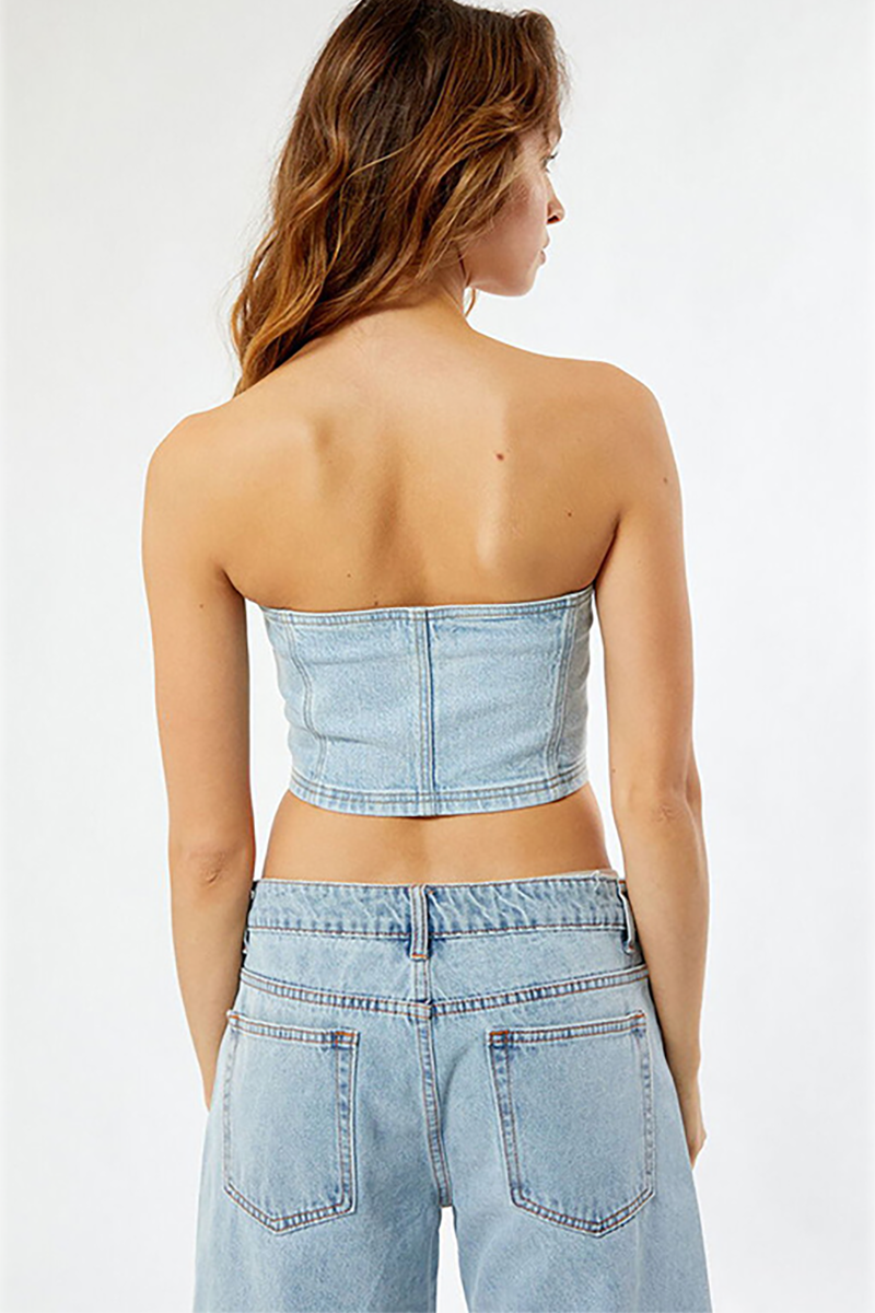 Denim Strapless Boat Neck Crop Top-Blue-Hayhty.All Rights Reserved.