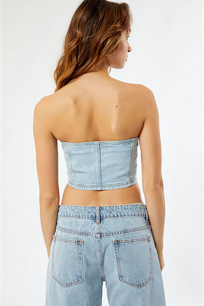 Denim Strapless Boat Neck Crop Top-Blue-Hayhty.All Rights Reserved.
