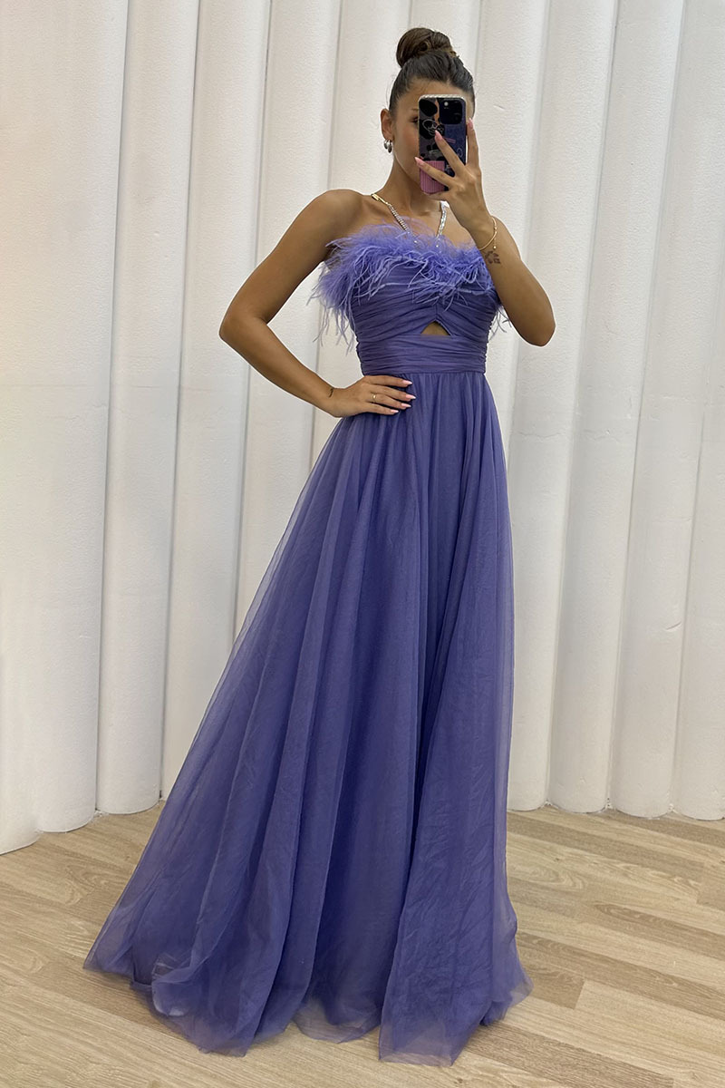 Feather Strapless Cut Out Evening Gown Tulle Maxi Dresses-Hayhty.All Rights Reserved.