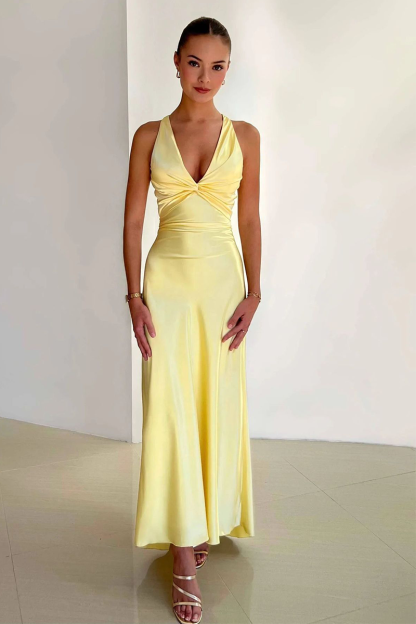 Deep V Neck Ruched Open Back Bow Decor Sleeveless Maxi Dresses-Yellow-Hayhty.All Rights Reserved.