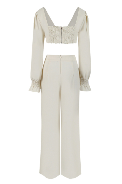 Floral Patchwork V Neck Crop Top High Waist Wide Leg Pants 2pcs Set-Beige-Hayhty.All Rights Reserved.