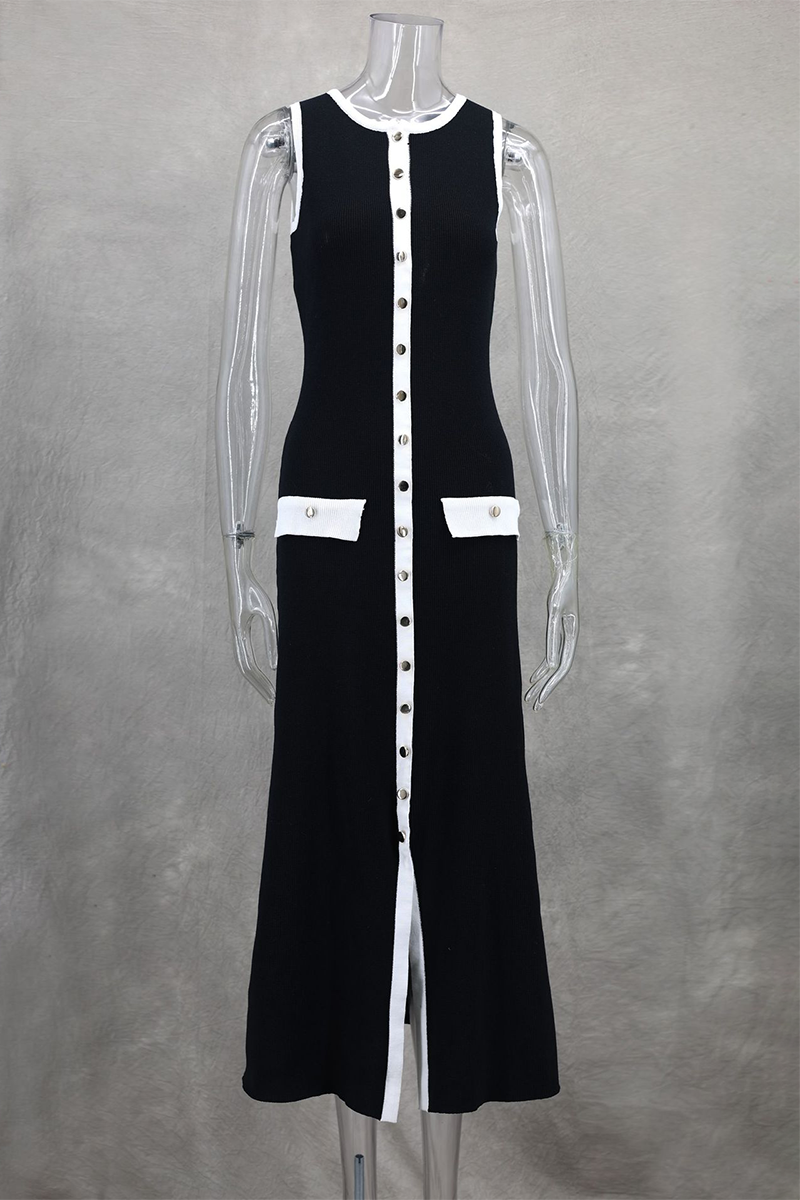 Colorblock Trim Round Neck Slim Fit Button Up Knit Midi Tank Dresses-Black-Hayhty.All Rights Reserved.